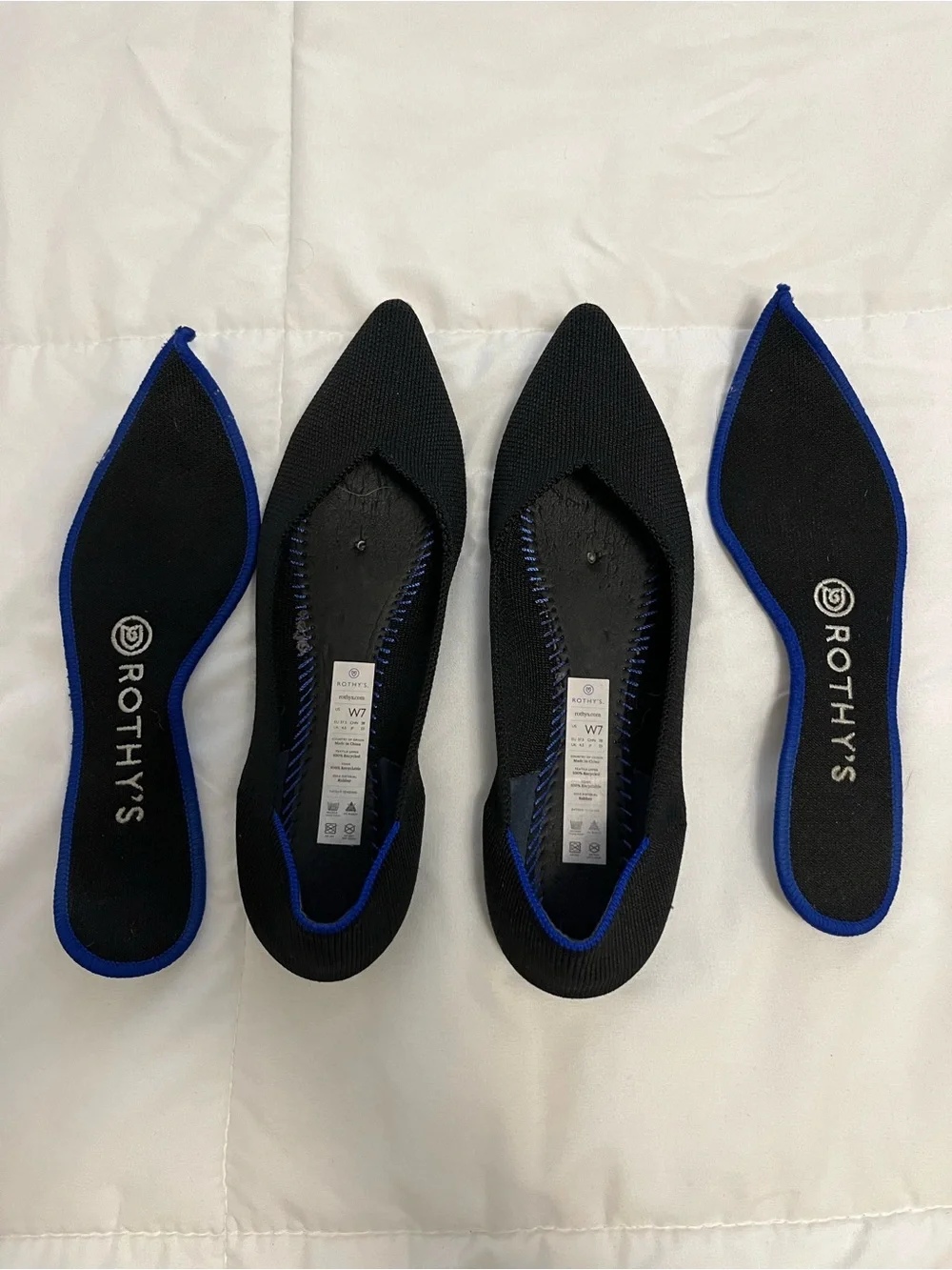 Rothy's Black Pointed-Toe Knit Flats with Blue Trim
